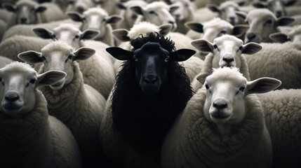 positive attitude - flock of sheep in a field - black sheep surrounded by white sheep