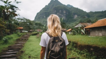 woman from behind watching the mountains generative ai