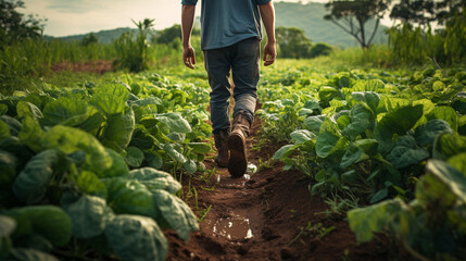 farmer walking in field of vegetable from behind, thriving field of green organic vegetables ,organic soil farming with copy space - obrazy, fototapety, plakaty