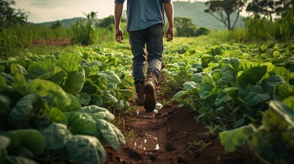 Wandaufkleber farmer walking in field of vegetable from behind, thriving field of green organic vegetables ,organic soil farming with copy space © Chamli_Pr