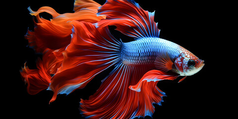 Fototapeta premium Betta fish. Colourful fighting Siamese fish with beautiful silk tail isolated on black. Amazing exotic tropical fish