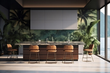 Luxury futuristic interior Kitchen room with tropical  theme