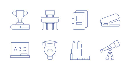 School icons. Editable stroke. Containing award, blackboard, desk, education, notebooks, pencil case, stapler, telescope.