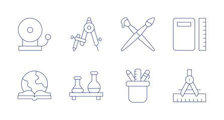 School icons. Editable stroke. Containing bell, book, calculator, compass, drawing compass, experiment, paint brush, pencil holder.