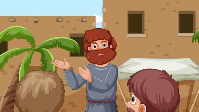 Jonah and big fish religion bible story scene when Jonah preaches to the people in Ninevah.