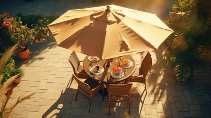 table with umbrella in a beach hotel generative ai