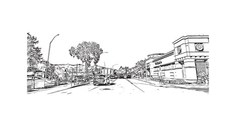 Building view with landmark of San Rafael is the city in California. Hand drawn sketch illustration in vector.