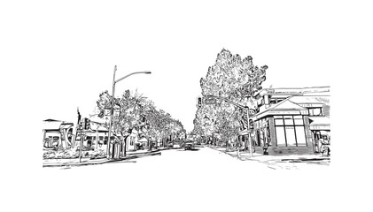 Building view with landmark of San Rafael is the city in California. Hand drawn sketch illustration in vector.