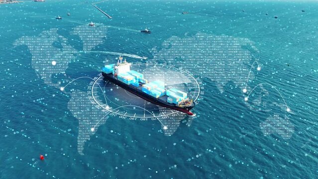 AI Cargo ship technology. Global Logistics international delivery concept, World map logistics and supply chain network distribution container Ship running for export import to customs ocean 