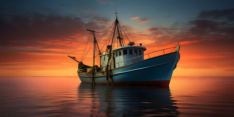 trawler fishing boat on calm ocean at sunset - obrazy, fototapety, plakaty
