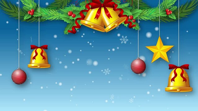 Bell and Christmas tree hanging on background with falling snow animation