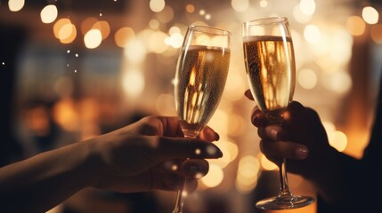 Glasses of champagne on bright background with bokeh effect