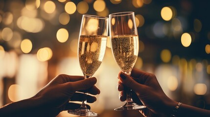 Glasses of champagne on bright background with bokeh effect - obrazy, fototapety, plakaty