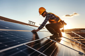 Technician works with solar panels in a field against a sunset background. The concept of environment, renewable sources, power generation, alternative energy and ecology.