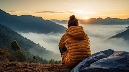 girl hiker in a tent and holding a cup mountains in the background