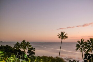 Pink and purple sunset over the Coral Sea and palm trees along Cairns Esplanade — Far North...