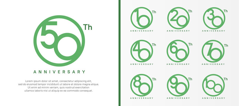 set of anniversary logo green color number in circle and dark green text on white background for celebration