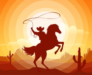 Cowboy with lasso ride horse