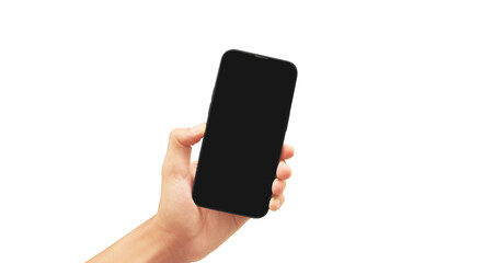 Hand holding smartphone device and touching screen