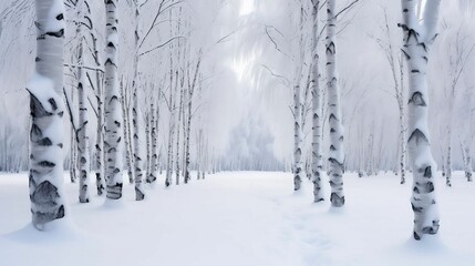 Panorama of a snowy forest with white tree trunks of the birches
