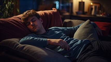 Young man sleeping on sofa at home