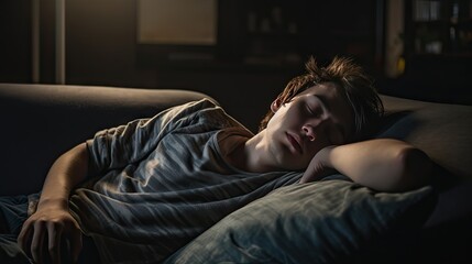 Fototapeta na wymiar Young man sleeping on sofa at home