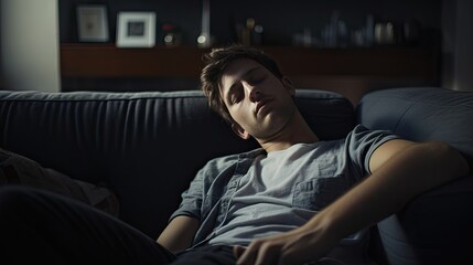 Obraz premium Young man sleeping on sofa at home