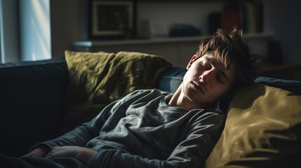 Fototapeta premium Young man sleeping on sofa at home