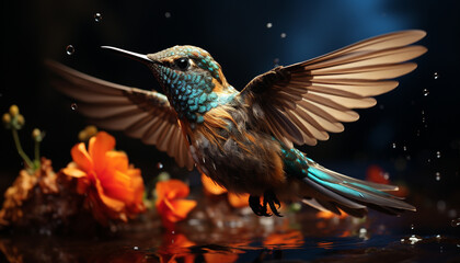 Naklejka premium Hummingbird flying, vibrant colors, spread wings, nature beauty generated by AI