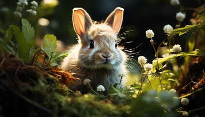 Cute young rabbit sitting in green grass, enjoying springtime generated by AI