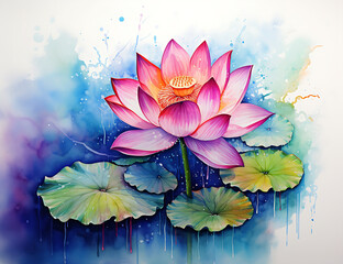 Watercolor lotus flower isolated on white background. Elements for design of invitations, movie posters, fabrics and other objects.