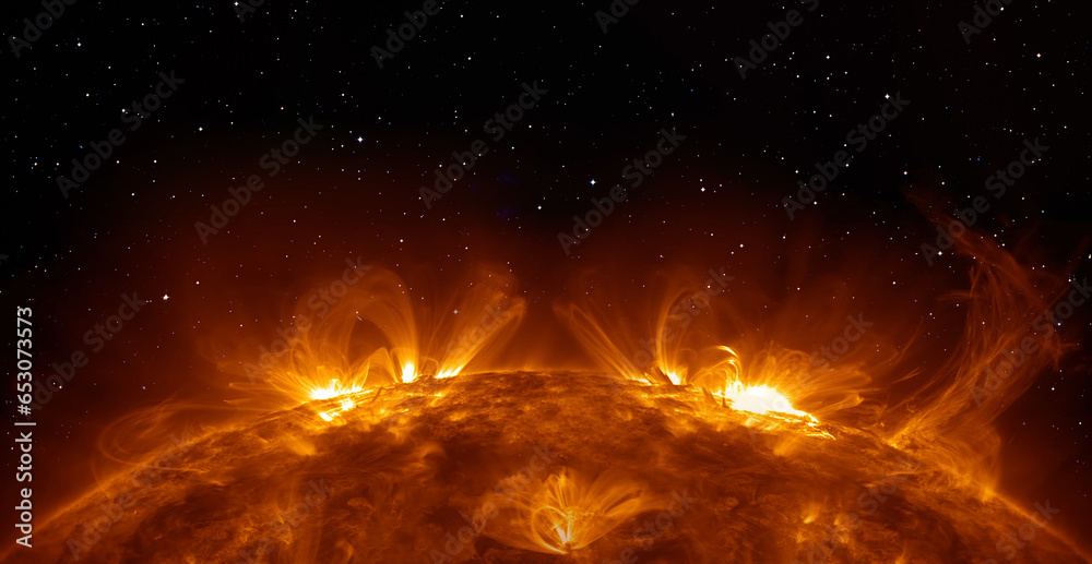 Poster our star with magnetic storms. plasma flash on the surface of a our star 