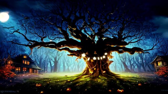 Halloween Night Scene with a haunted house in the forest. Halloween celebration animated virtual video background.