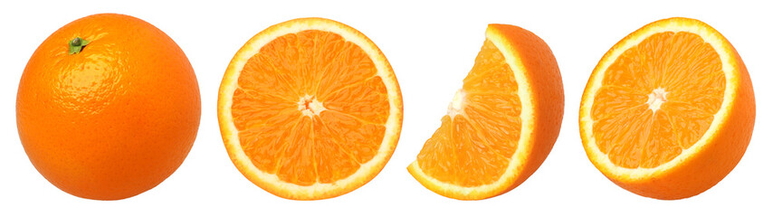 Orange fruit half and slices isolated, Orange fruit macro studio photo, transparent PNG,...