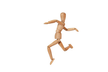 A running Wooden man waving his arms is highlighted on a white background. High quality photo