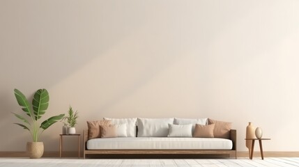 Fototapeta na wymiar beautiful living room showcase interior design backdrop cosy comfort sofa with natural color scheme with simple decorating items and treepot easy lifestyle house ideas design background