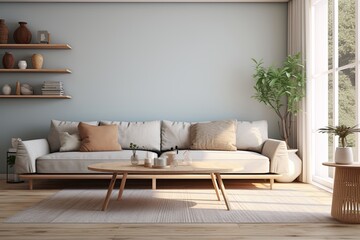 natural contemporary living room mockup template room ideas cosy comfort sofa with blank space wall backdrop cosy interior decorating house beautiful background - obrazy, fototapety, plakaty