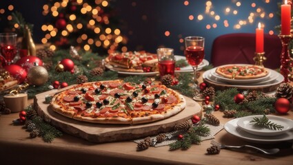Christmas Dinner Table with Pizza and festive decorations