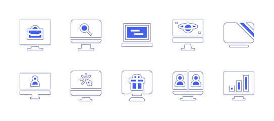 Computer screen icon set. Duotone style line stroke and bold. Vector illustration. Containing computer, laptop, gift, screen, video conference, analytics.