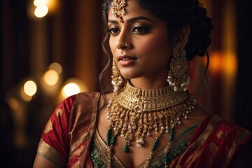Portrait of a beautiful indian woman in traditional clothing and jewelry