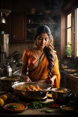 indian woman cooking food at home kitchen, indian cuisine concept