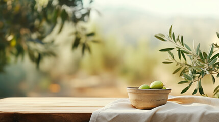 product display mockup showcase stand with old wooden table and brown fabric cover with fresh olive tree branch in garden daylight,ai generate