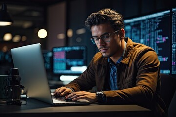 Portrait of serious young man in eyeglasses working on laptop while sitting in dark office