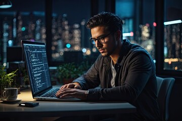 Side view of concentrated young man in eyeglasses working on computer at night