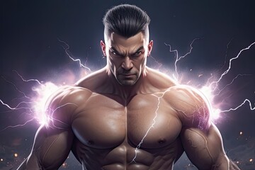 Muscular man with lightning coming out of his body over dark background
