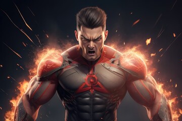 Fototapeta na wymiar A strong muscular sportsman in a red superhero costume stands in the middle of a burning fire.