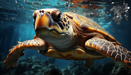 Obraz premium Close up of a beautiful green sea turtle swimming underwater generated by AI