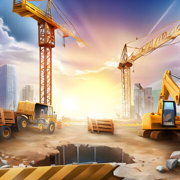 Construction site background with instruments and transportation