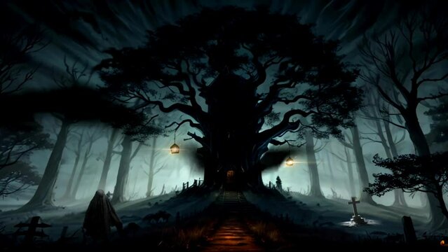 Halloween Night Scene with big tree in the forest. Halloween celebration animated virtual video background.
​