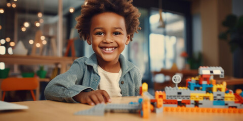 Portrait of a cute smiling boy with toys - obrazy, fototapety, plakaty